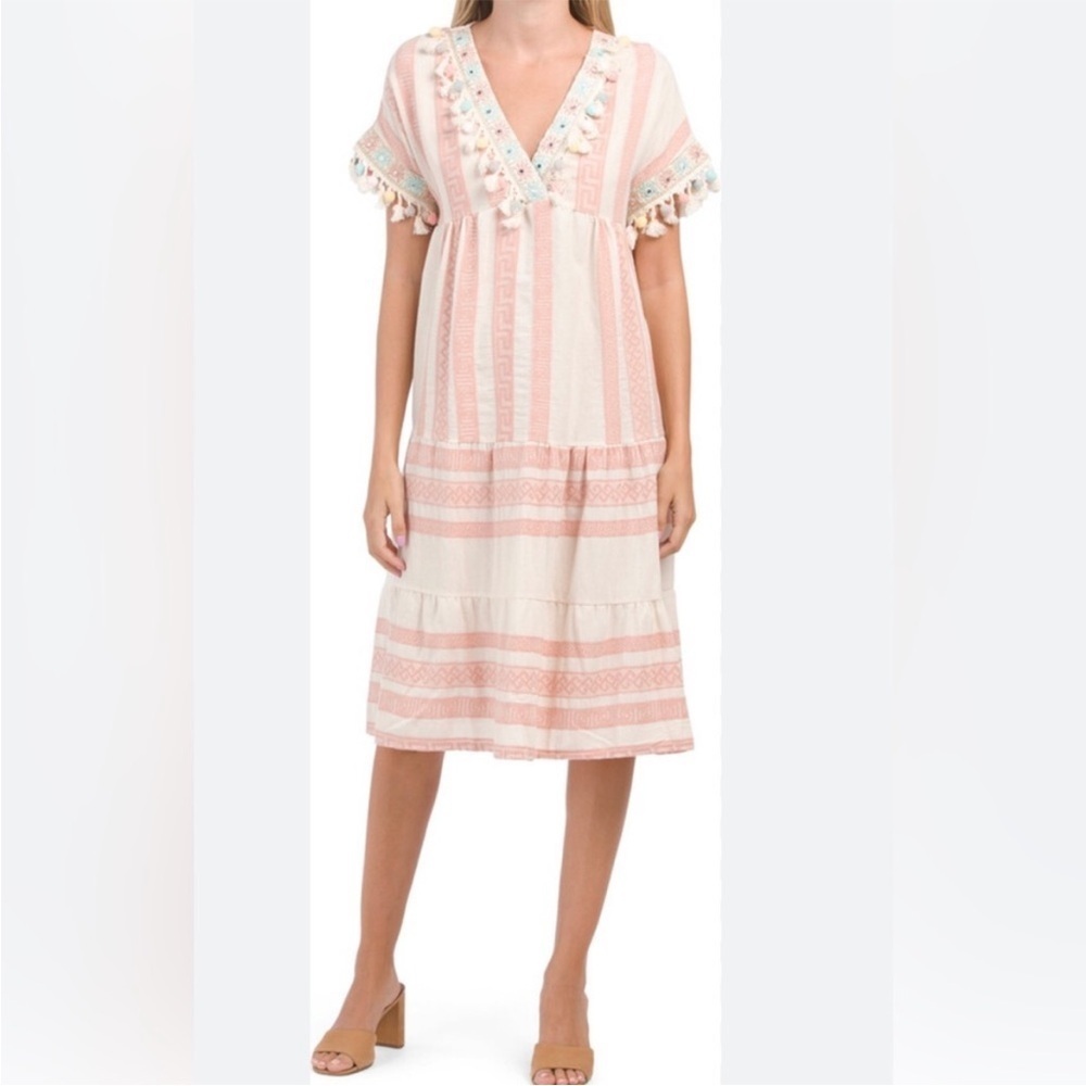 Civico 51 Italy rose cream pom pom midi dress tier short sleeve swimsuit coverup